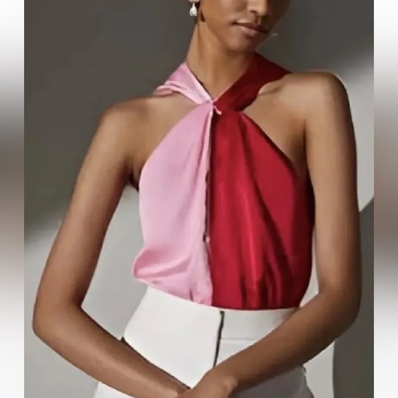 PORTMANS Spliced Pink Red Satin Halter Neck Top Blouse NWT - Picture 6 of 11